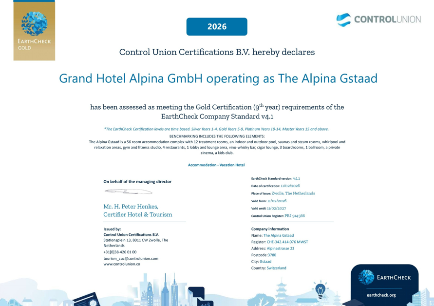 The Alpina Gstaad Successfully Renews EarthCheck Certification